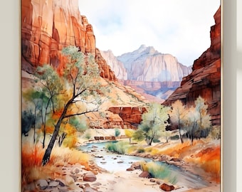 Zion National Park Watercolor Art Print: Utah Landscape