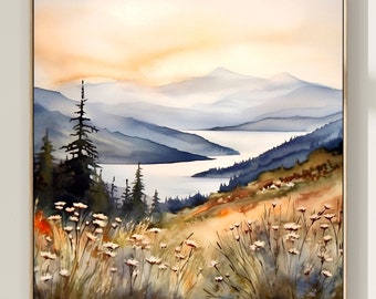 Watercolor Mountain Lake Print: Abstract Landscape Art