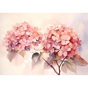 Hydrangea Print, Watercolor Pink Flower Print, Botanical Print, Hydrangea Painting, Hydrangea Horizontal Wall Art, Home Decor Gift Art