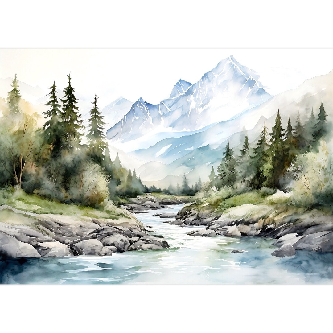 Mountain River Watercolor Art Print: Pine Tree Landscape - Etsy