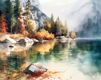 Mountain Lake Watercolor Print: Abstract Pine Forest Landscape