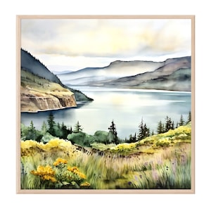 Columbia River Gorge Watercolor Square Art Print Mountain Landscape Wall Art Northwest Poster Home Decor Gift Art