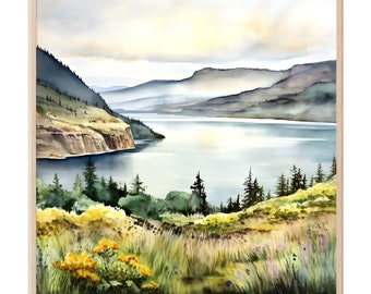 May include: A watercolor painting of a landscape with a river winding through a valley. The river is surrounded by green hills and trees, and the sky is a soft blue with white clouds. The painting is framed in a light wood frame.