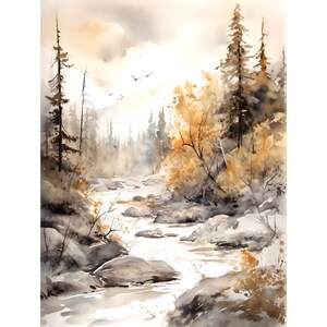 Alaska River Watercolor Art Print: Mountain Fall Landscape