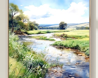 Country River Landscape, Watercolor print, Home Decor Gift