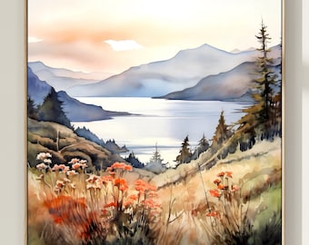 Watercolor Mountain Lake Print: Abstract Landscape Art