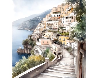 Positano Watercolor Art Print: Amalfi Coast, Italy Travel Poster