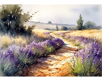 Lavender Field Watercolor Print: French Country Farmhouse Art