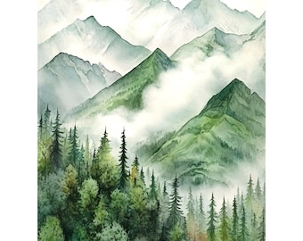 Misty Mountain Watercolor Art Print: Foggy Pine Tree Landscape