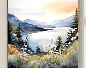 Watercolor Mountain Lake Print: Abstract Landscape Art