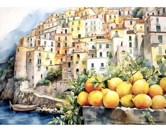 Cinque Terre Watercolor Art Print: Italian Coastal Lemon Tree Landscape