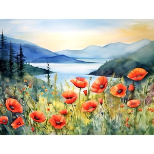 Columbia Gorge Painting Mountain River Art Print Summer Landscape Poppy Painting Print Watercolor Home Decor Gift Art Horizontal and Square