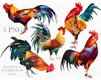 Pollo PNG Acuarela Clipart Gallo Granja Ave Animal Clip Art Imprimible Descarga Instantánea Pintura Acuarela Decoración Granja Clipart