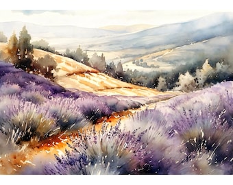Lavender Field Watercolor Print: French Country Farmhouse Art