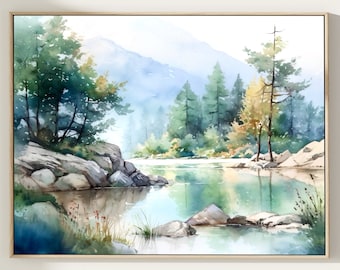 Mountain Lake Watercolor Art Print: Serene Landscape Painting
