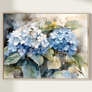 Peut inclure: Une peinture à l'aquarelle d'hortensias bleus avec des feuilles vertes. Les fleurs sont en fleurs et les feuilles sont luxuriantes et vertes. L'arrière-plan est un lavis d'aquarelle doux de brun et de blanc.