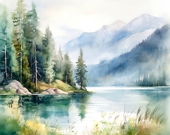 Lake Braies Watercolor Print: Mountain Landscape Art