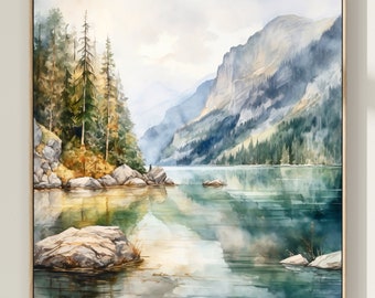 Mountain Lake Watercolor Art Print: Square Landscape Wall Decor