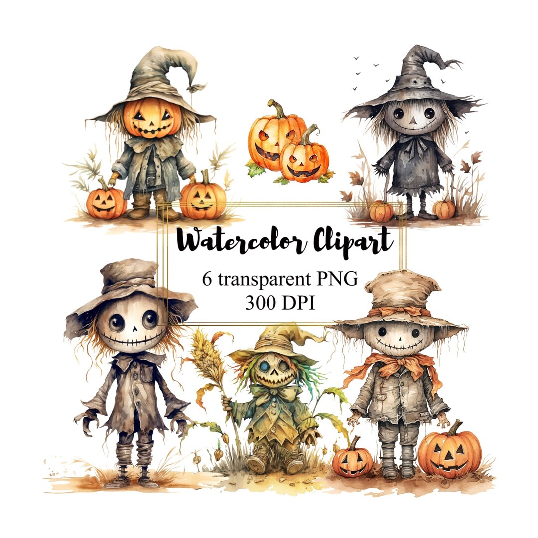 Watercolor Clipart Cute Scarecrow Halloween Pumpkin - Etsy