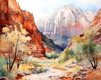 Zion National Park Utah Watercolor Painting Fine Art Print