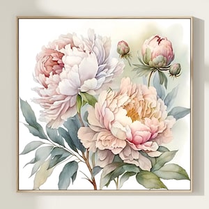 Pink Peony Print, Peony Square Painting, Pink Peony Flowers Wall Art, Peonies Print, Floral Wall Art, Living Room Decor