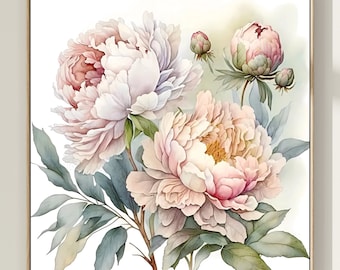 Pink Peony Watercolor Painting: Floral Wall Art Print