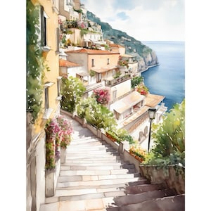 Positano Watercolor Print: Amalfi Coast Cityscape Wall Art