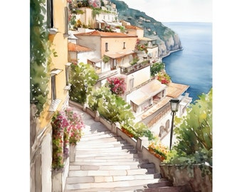 Positano Watercolor Print: Amalfi Coast Cityscape Wall Art