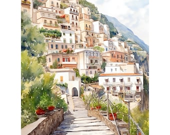 Positano Watercolor Art Print: Amalfi Coast Italy Travel Poster