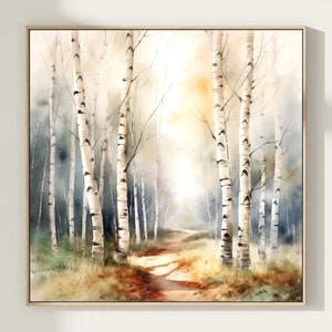 Birches Grove Watercolor Painting Autumn Forest Nature Art Print Birches Forest Landscape Neutral Wall Art