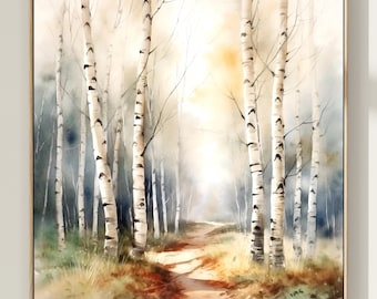 May include: A watercolour painting depicting a birch tree forest with a path winding through the trees. The trees are painted in shades of white, grey, and brown, and the path is a light brown colour. The background is a soft, hazy blue.