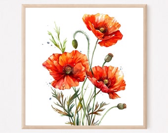 Red Poppy Flowers Watercolor Art Print Floral Artwork Farmhouse Wall Art Print Home Decor Gift