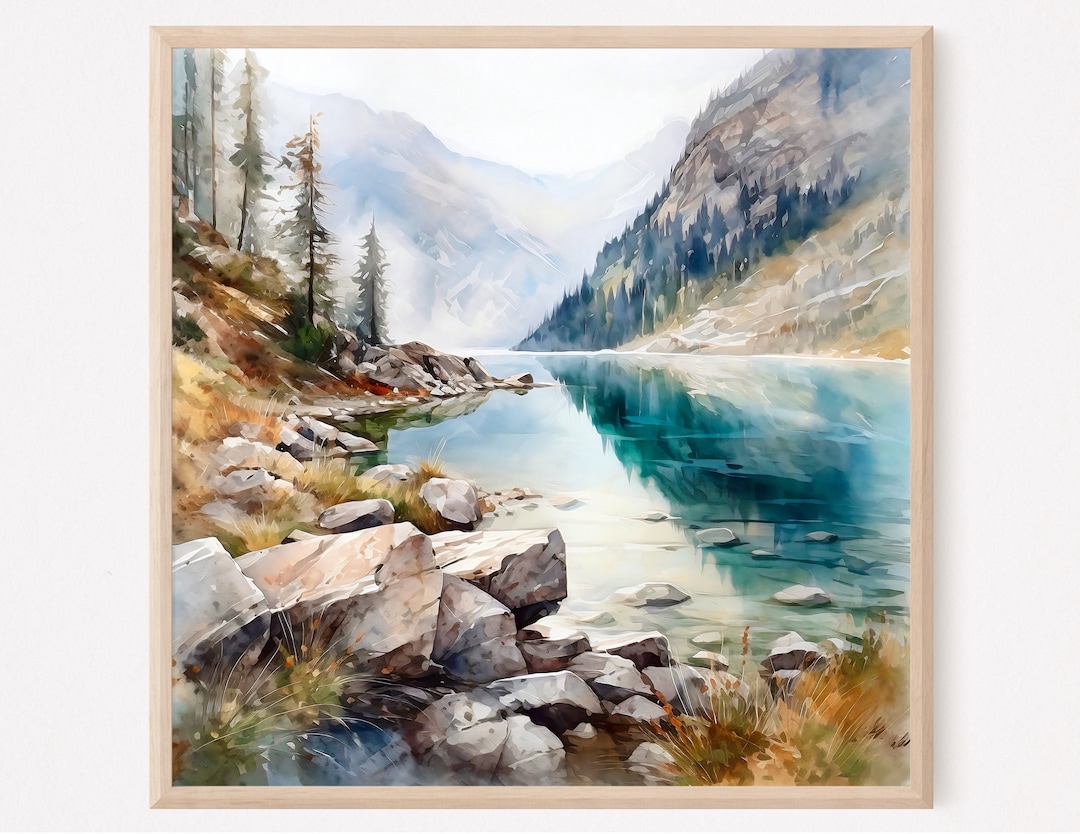Mountain Lake Watercolor Art Print: Square Landscape Painting - Etsy