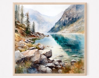 Mountain Lake Watercolor Art Print: Square Landscape Painting