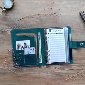 Organizador de presupuesto de cuero, carpeta con sistema de sobres para efectivo, carpeta de anillas de cuero A6, idea de regalo para ella o para él, planificador financiero A6