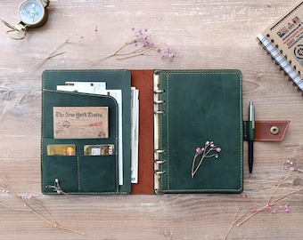 Leather A5 ring binder planner Green Brown, Gift, А5 6 binder, Personalized A5 Leather Refillable Planner Binder, Leather Organizer Planner