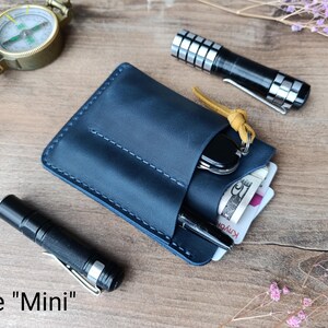 May include: A blue leather wallet with multiple pockets and slots for carrying cash, cards, and a pen. The wallet is labeled "size "Mini"".