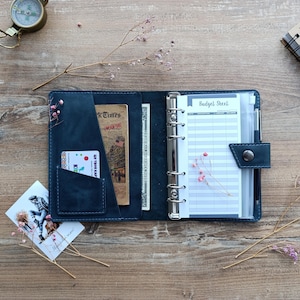 Op de afbeelding: Open marineblau lederen planner met een druksluiting, met een budgetblad, pen en vakken met een creditcard en een krantenknipsel. Een kompas en een notitieboek zijn ook zichtbaar op het houten oppervlak.