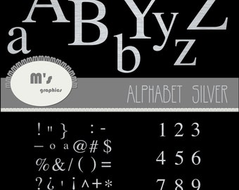 Digital Alphabet Clip Art. Letters in Silver with transparent background. Font Times Roman Typography