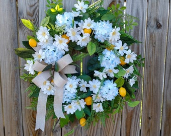 Hydrangea Wreath with Lemons Blue Hydrangea Wreath for Front Door Floral Grapevine Wreath Summer Lemon Wreath