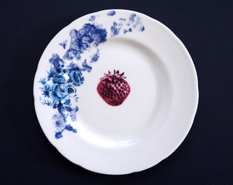 Delft Chintz Wimbledon Strawberry plate, fine English bone china, stylish strawberries and chintz unique tableware,  collectable wall art