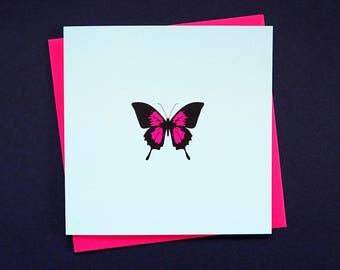 Vibrant pink butterfly design greetings card, stylish graphic pink and black butterfly design, nature lovers and beautiful butterflies card