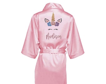 Unicorn Robe - Unicorn Birthday Party Favor - Satin Robe for Kids - Unicorn Birthday Robe - Silk Robe - Personalized Satin Robe - Unicorn V7