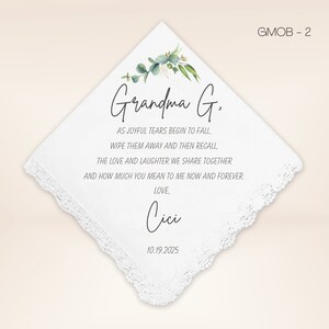 Peut inclure: Mouchoir blanc avec bordure en dentelle et un message manuscrit qui dit "Grandma G. AS JOYFUL TEARS BEGIN TO FALL, WIPE THEM AWAY AND THEN RECALL, THE LOVE AND LAUGHTER WE SHARE TOGETHER AND HOW MUCH YOU MEAN TO ME NOW AND FOREVER. LOVE, Cici 10.19.2025"