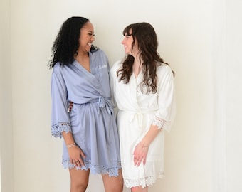 Dusty Blue Personalised Bridesmaid Robe - Floral Bridal Robe - Wedding Dressing Gown - Floral Satin Wedding Robes - Monogram Bridal robe