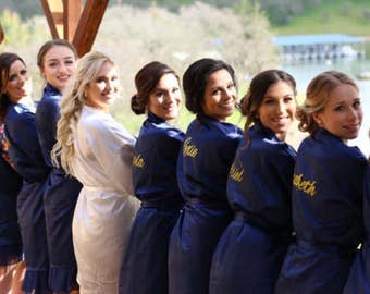 Bridesmaid Robes - Set of 6 - Bridal Party Robes - Bridesmaid Wedding Gift - Robe - Navy Wedding Robes - Personalized Satin Robes V5