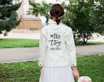 White Personalized Jean Jacket - White Jean Jacket for Bride - Bride Engagement Gift - Custom Jacket - Personalized  Bride Jacket - Gift -