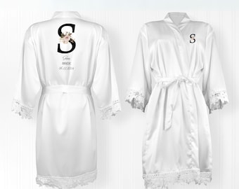 Personalised Bridesmaid Robe - Floral Bridal Robe - Wedding Dressing Gown - Floral Satin Wedding Robes - Monogram Bridal robe - Bridesmaid