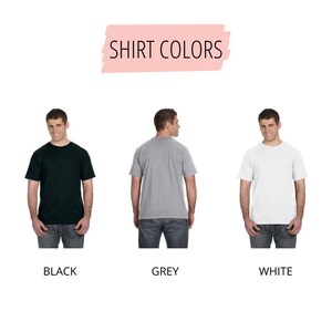 May include: Three men wearing t-shirts in black, grey, and white. The text "SHIRT COLORS" is displayed above the men.