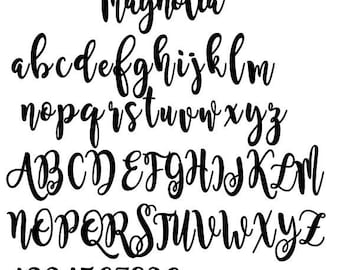 May include: A font alphabet chart with the word "Magnolia" at the top, followed by lowercase letters, uppercase letters, and numbers 1 through 0.